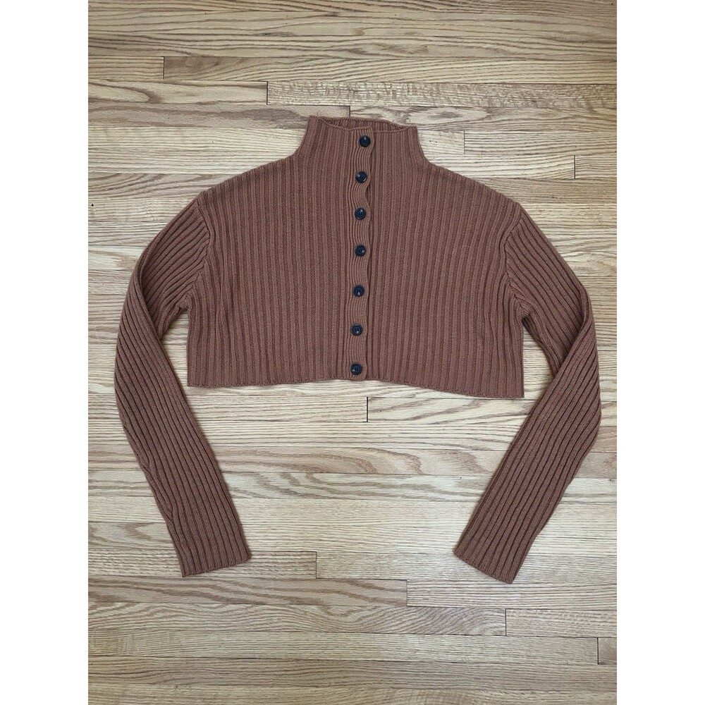 KLd Signature Made in USA Mock Neck Camel Cardigan Button Size Small Cropped